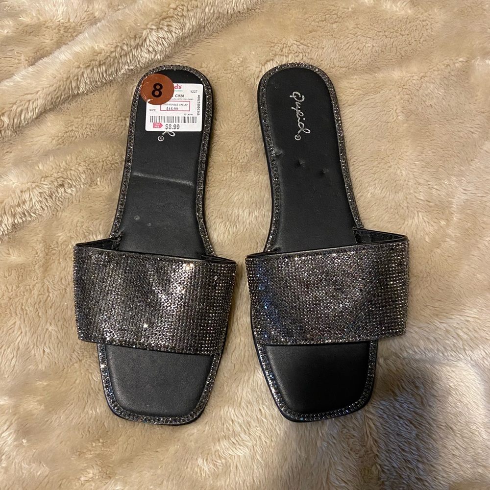 NWT black, embellished, slide sandals